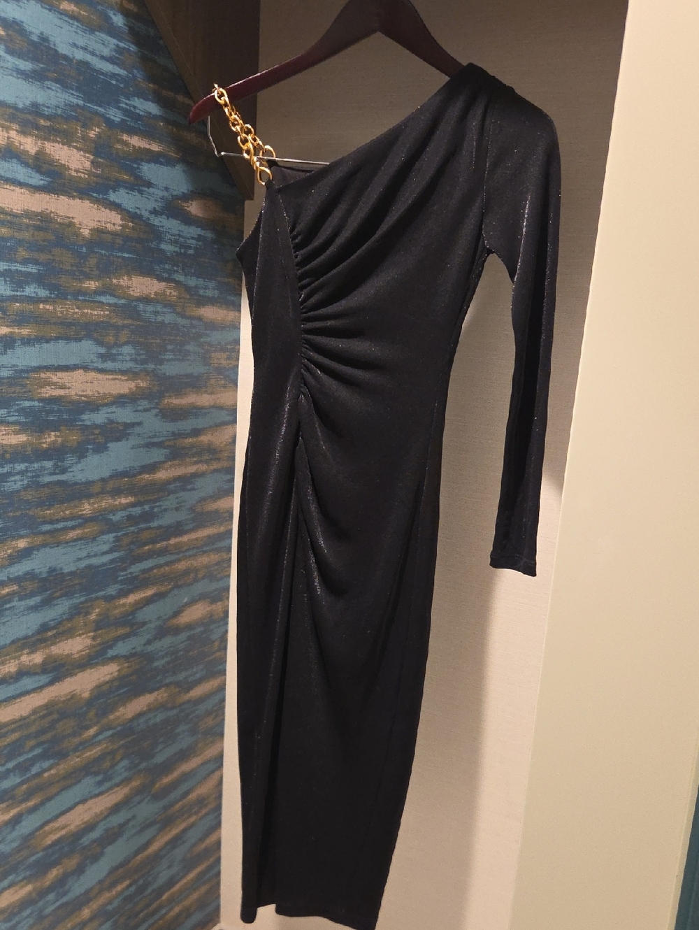 Donna Karan Black One-Shoulder Dress with Gold Chain Strap